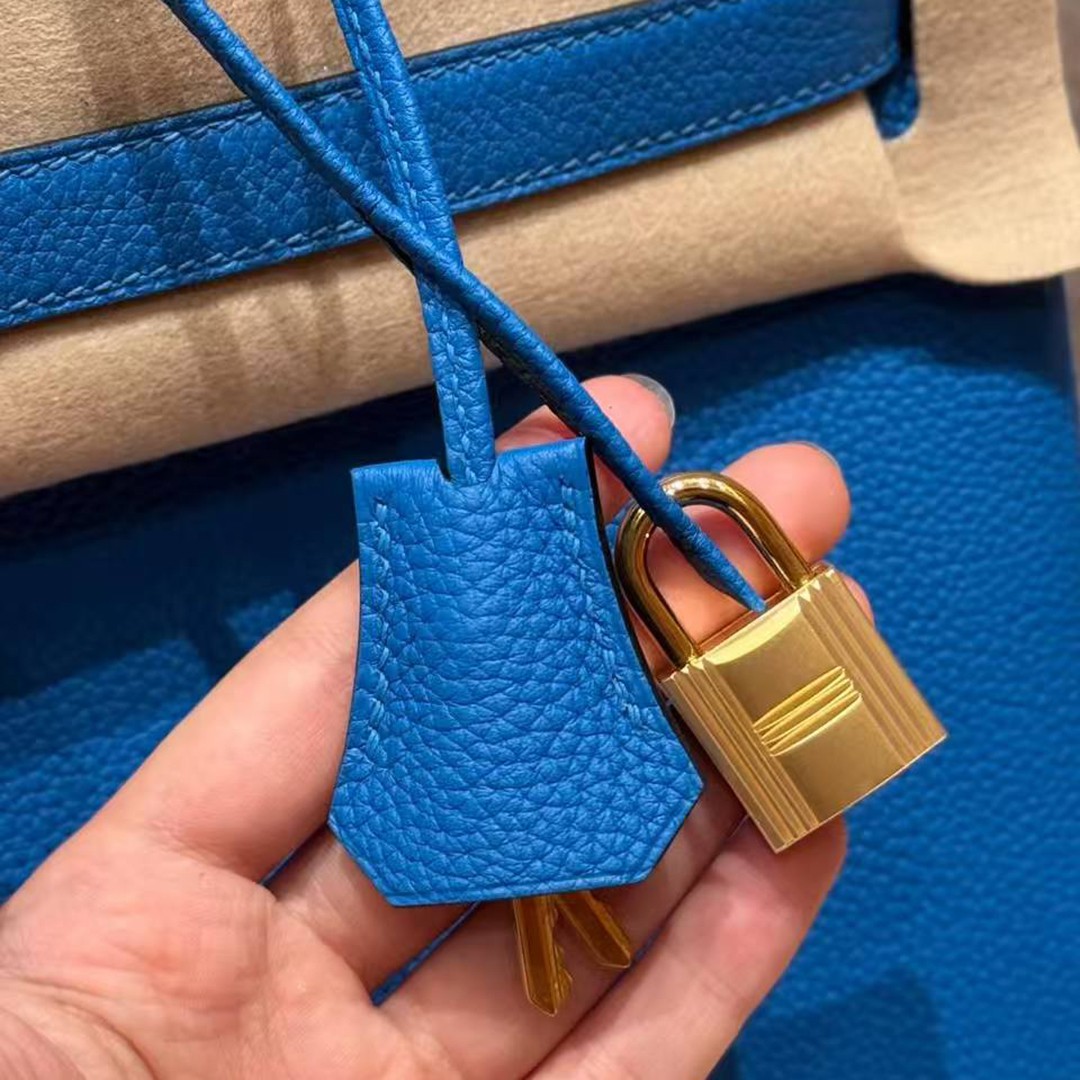 Hermes Birkin 35 Bag Handmade In Togo Calfskin Leather Gold Hardware T7 Blue Hydra - Image 7