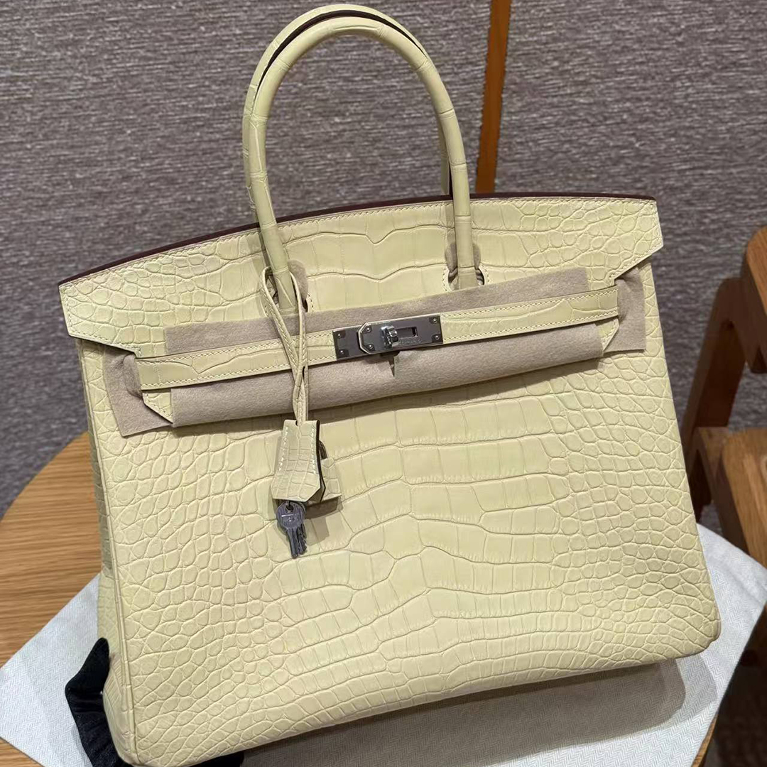 Hermes Birkin 35 Bag Handmade In Matte Alligator Leather Silver Hardware Y1 Vanille