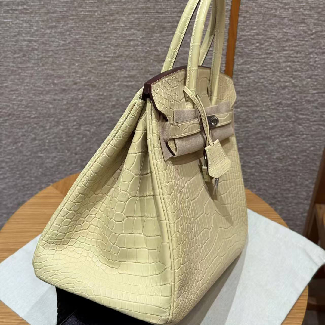 Hermes Birkin 35 Bag Handmade In Matte Alligator Leather Silver Hardware Y1 Vanille - Image 26