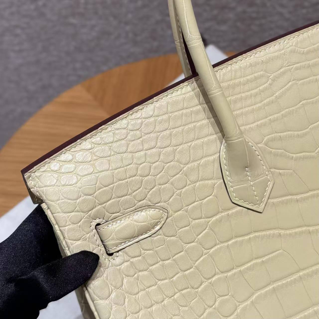 Hermes Birkin 35 Bag Handmade In Matte Alligator Leather Silver Hardware Y1 Vanille - Image 19