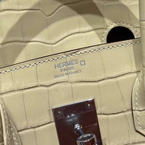 Hermes Birkin 35 Bag Handmade In Matte Alligator Leather Silver Hardware Y1 Vanille - Image 15