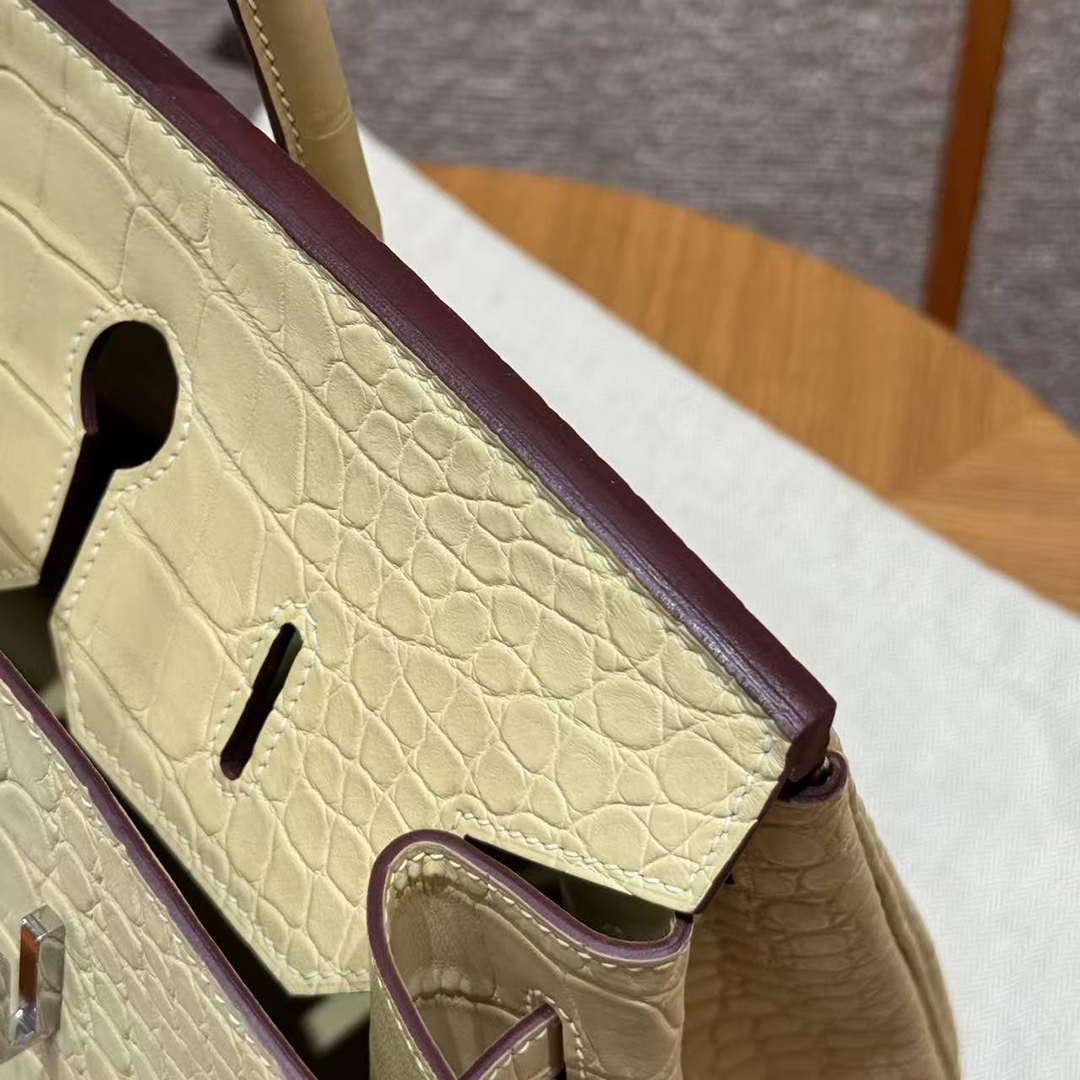 Hermes Birkin 35 Bag Handmade In Matte Alligator Leather Silver Hardware Y1 Vanille - Image 14