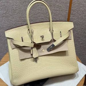 Hermes Birkin 35 Bag Handmade In Matte Alligator Leather Silver Hardware Y1 Vanille - Image 11