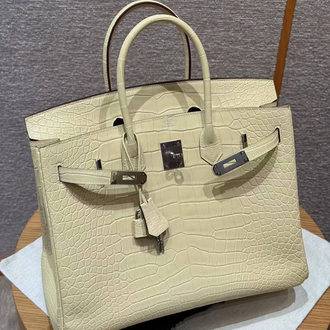 Hermes Birkin 35 Bag Handmade In Matte Alligator Leather Silver Hardware Y1 Vanille - Image 10