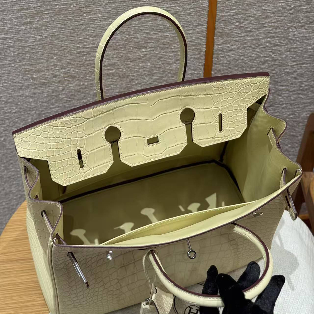Hermes Birkin 35 Bag Handmade In Matte Alligator Leather Silver Hardware Y1 Vanille - Image 9
