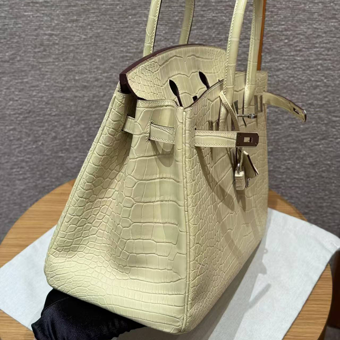 Hermes Birkin 35 Bag Handmade In Matte Alligator Leather Silver Hardware Y1 Vanille - Image 6