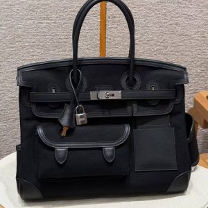 Hermes Birkin Cargo 35 Bag Handmade In Swift Calfskin Leather And Canvas Silver Hardware 89 Noir