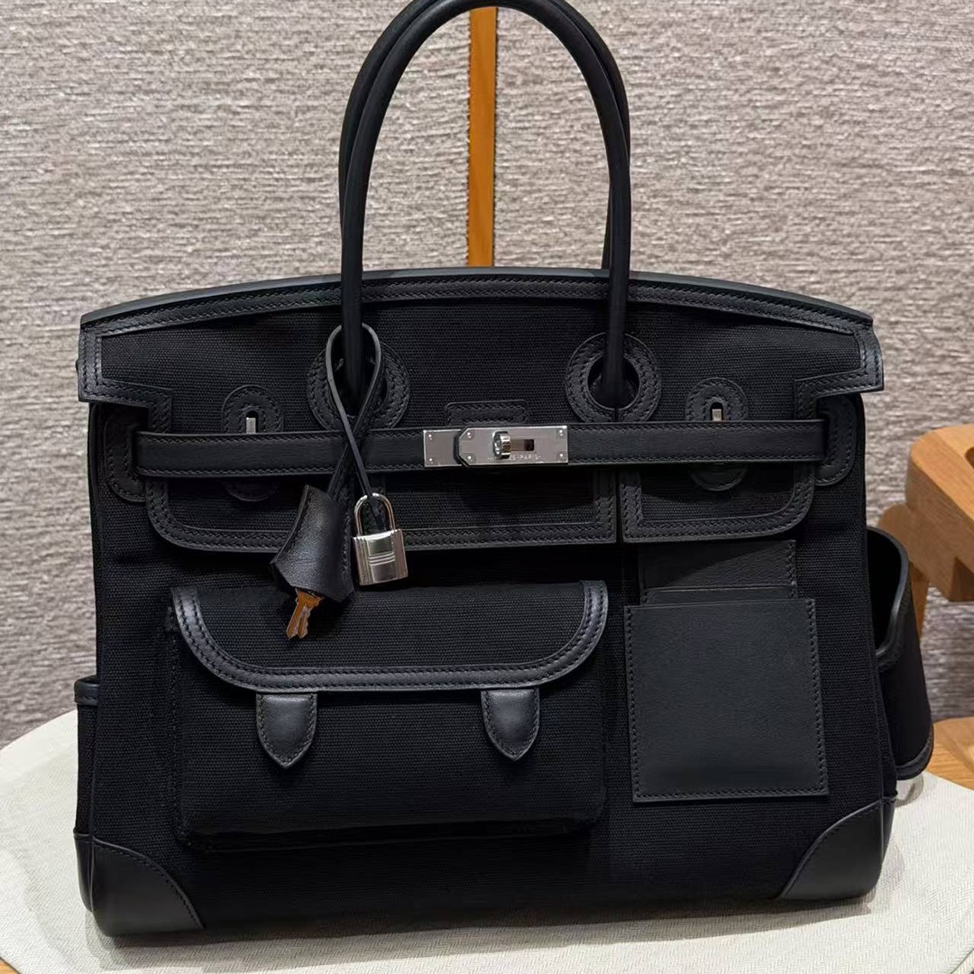 Hermes Birkin Cargo 35 Bag Handmade In Swift Calfskin Leather And Canvas Silver Hardware 89 Noir