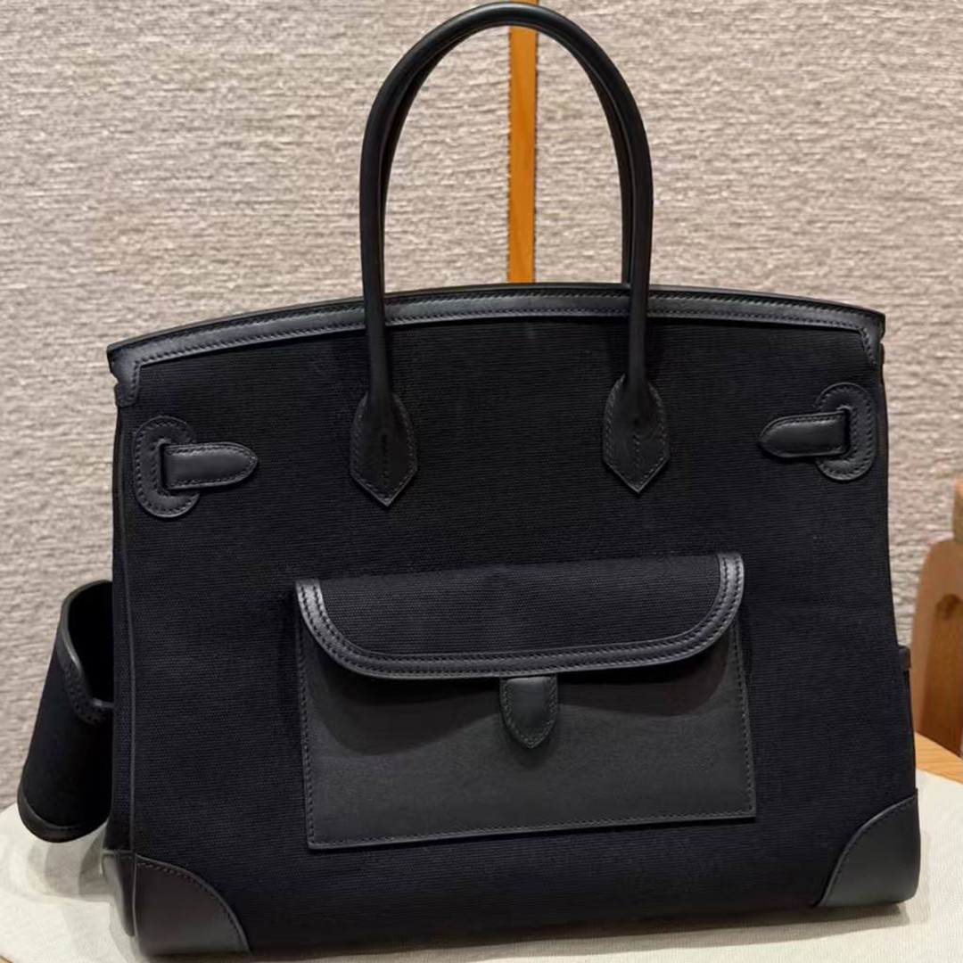 Hermes Birkin Cargo 35 Bag Handmade In Swift Calfskin Leather And Canvas Silver Hardware 89 Noir - Image 2