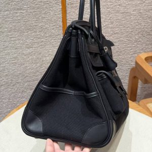 Hermes Birkin Cargo 35 Bag Handmade In Swift Calfskin Leather And Canvas Silver Hardware 89 Noir - Image 16