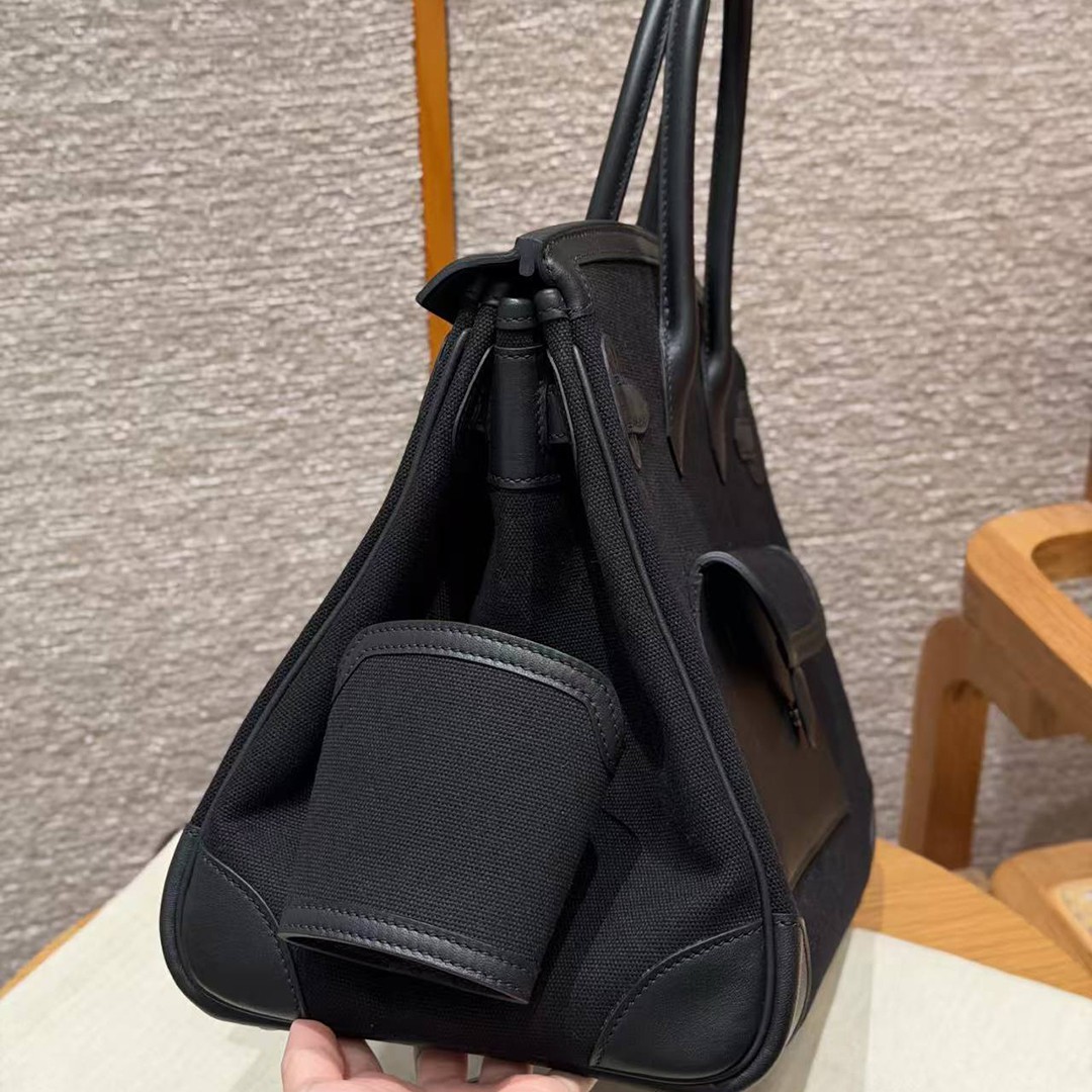 Hermes Birkin Cargo 35 Bag Handmade In Swift Calfskin Leather And Canvas Silver Hardware 89 Noir - Image 15
