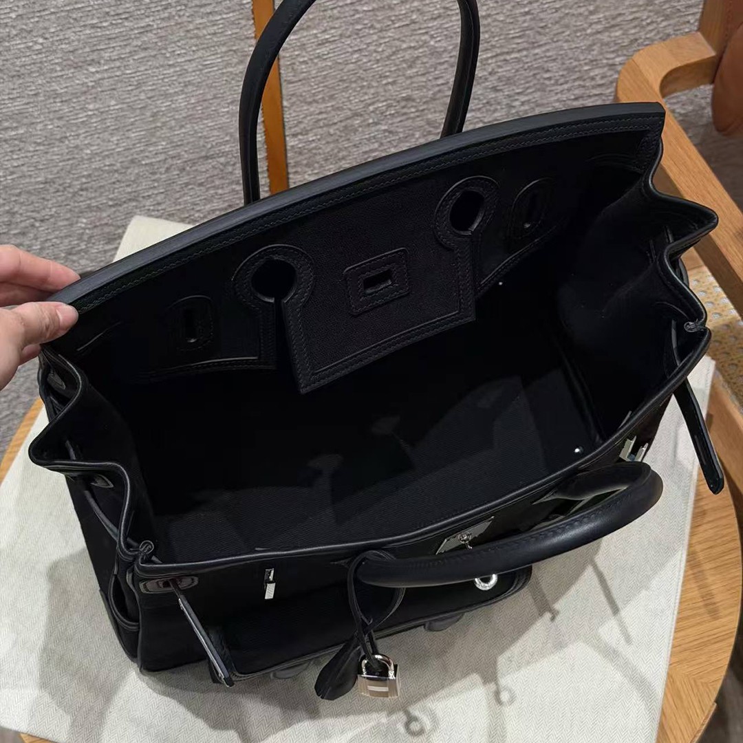 Hermes Birkin Cargo 35 Bag Handmade In Swift Calfskin Leather And Canvas Silver Hardware 89 Noir - Image 13