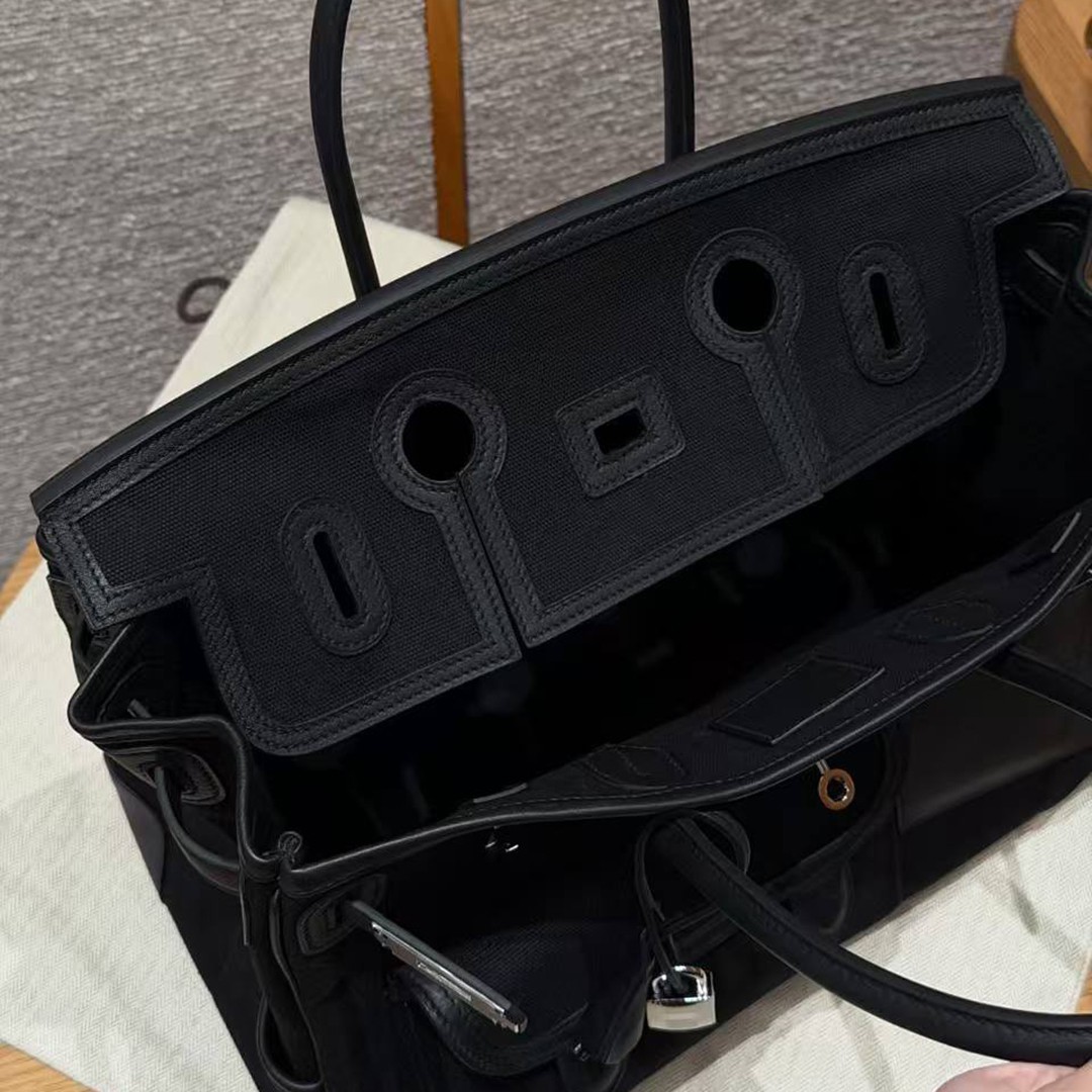 Hermes Birkin Cargo 35 Bag Handmade In Swift Calfskin Leather And Canvas Silver Hardware 89 Noir - Image 10