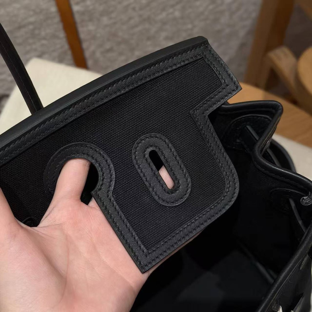 Hermes Birkin Cargo 35 Bag Handmade In Swift Calfskin Leather And Canvas Silver Hardware 89 Noir - Image 9