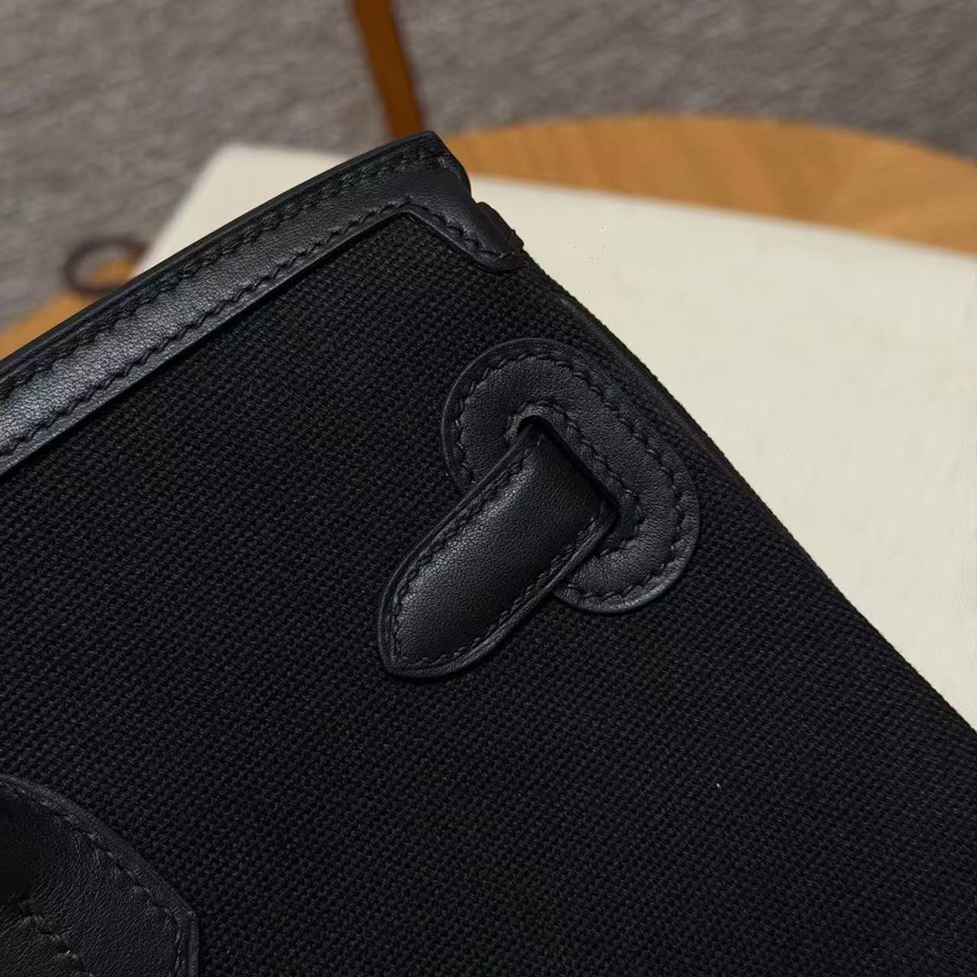 Hermes Birkin Cargo 35 Bag Handmade In Swift Calfskin Leather And Canvas Silver Hardware 89 Noir - Image 6