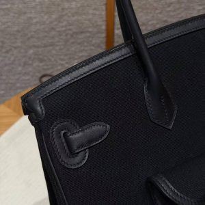 Hermes Birkin Cargo 35 Bag Handmade In Swift Calfskin Leather And Canvas Silver Hardware 89 Noir - Image 4