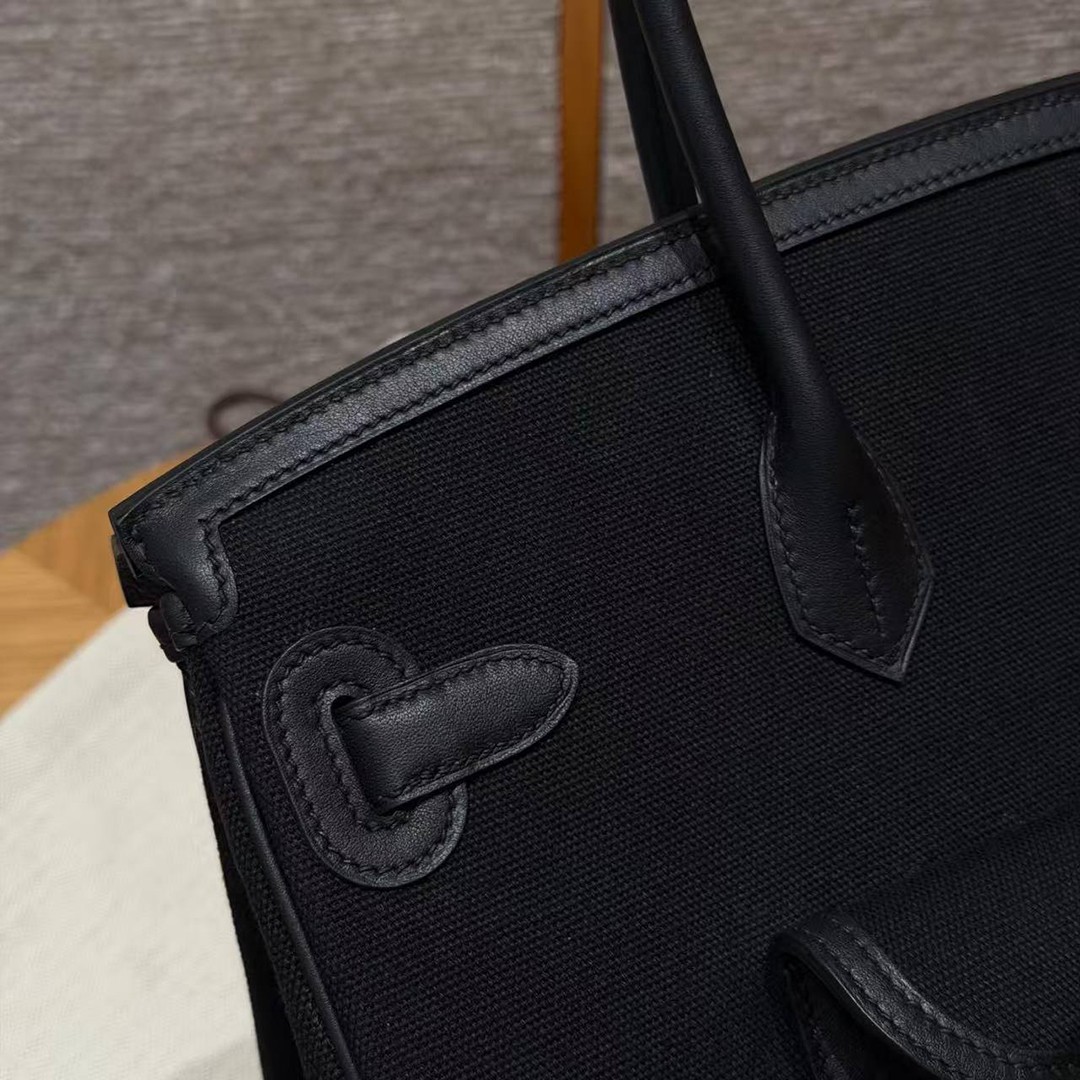Hermes Birkin Cargo 35 Bag Handmade In Swift Calfskin Leather And Canvas Silver Hardware 89 Noir - Image 4