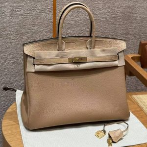 Hermes Birkin Touch 35 Bag Handmade In Togo Calfskin Leather And Matte Alligator Leather Gold Hardware 0M Chai