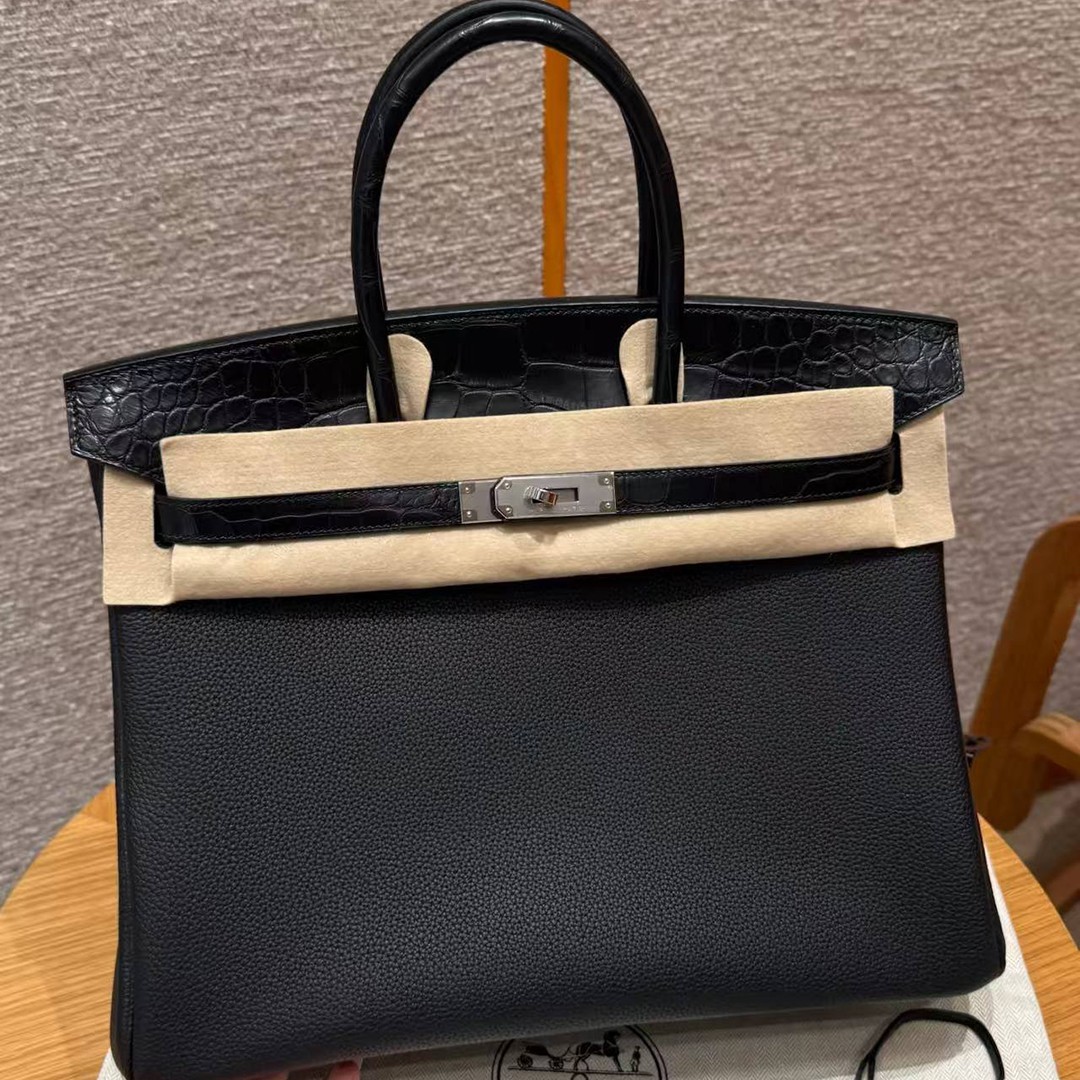 Hermes Birkin Touch 35 Bag Handmade In Togo Calfskin Leather And Matte America Crocodile Leather Silver Hardware 89 Noir - Image 2