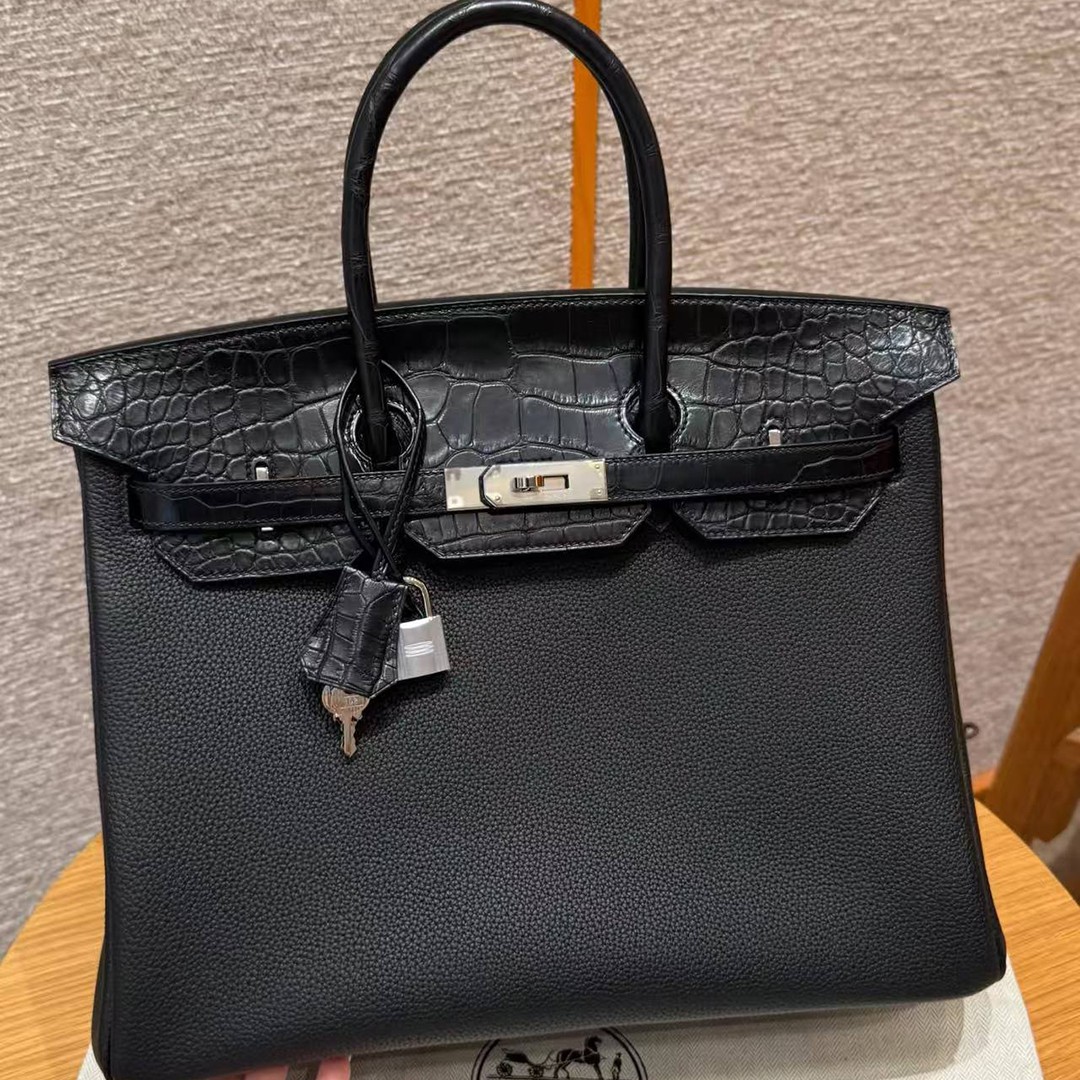 Hermes Birkin Touch 35 Bag Handmade In Togo Calfskin Leather And Matte America Crocodile Leather Silver Hardware 89 Noir