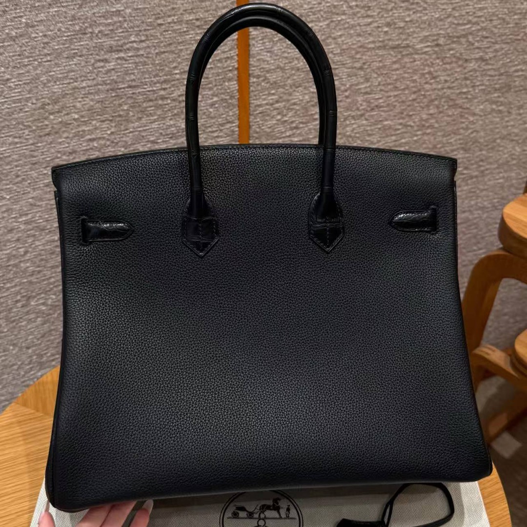 Hermes Birkin Touch 35 Bag Handmade In Togo Calfskin Leather And Matte America Crocodile Leather Silver Hardware 89 Noir - Image 18