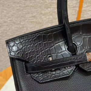Hermes Birkin Touch 35 Bag Handmade In Togo Calfskin Leather And Matte America Crocodile Leather Silver Hardware 89 Noir - Image 13