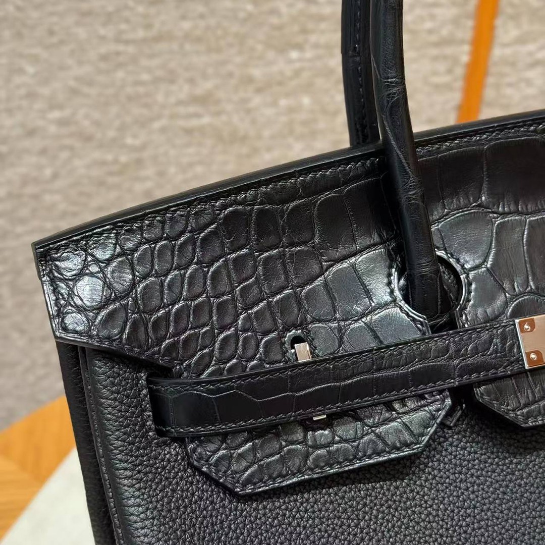 Hermes Birkin Touch 35 Bag Handmade In Togo Calfskin Leather And Matte America Crocodile Leather Silver Hardware 89 Noir - Image 13