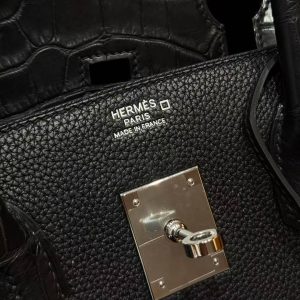 Hermes Birkin Touch 35 Bag Handmade In Togo Calfskin Leather And Matte America Crocodile Leather Silver Hardware 89 Noir - Image 10