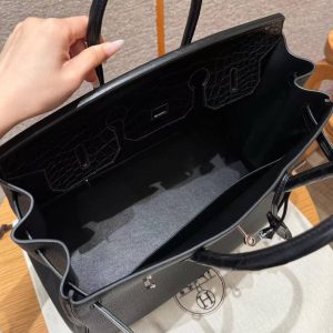 Hermes Birkin Touch 35 Bag Handmade In Togo Calfskin Leather And Matte America Crocodile Leather Silver Hardware 89 Noir - Image 6
