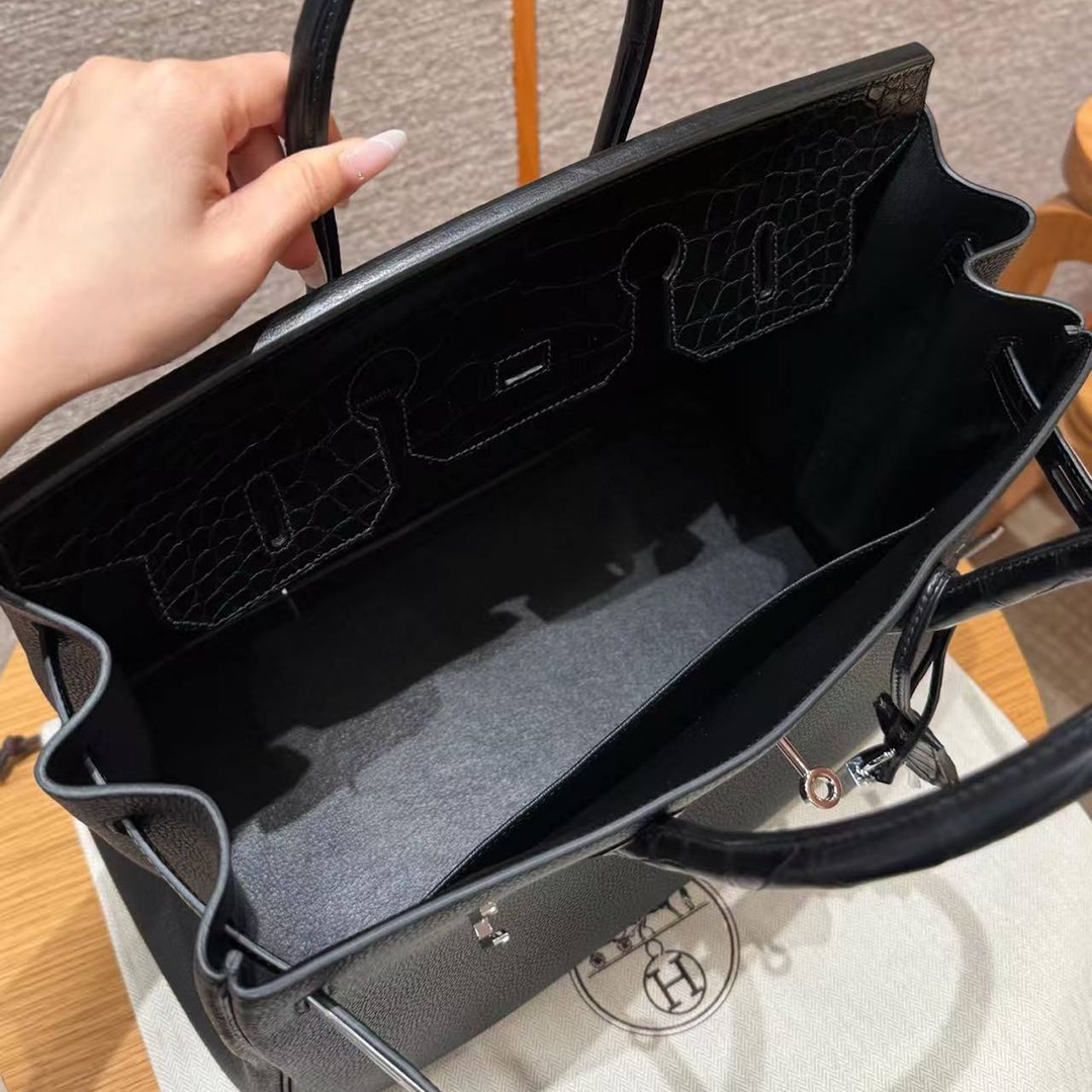 Hermes Birkin Touch 35 Bag Handmade In Togo Calfskin Leather And Matte America Crocodile Leather Silver Hardware 89 Noir - Image 6