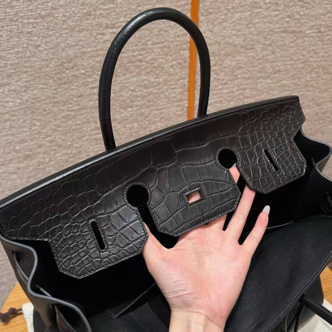 Hermes Birkin Touch 35 Bag Handmade In Togo Calfskin Leather And Matte America Crocodile Leather Silver Hardware 89 Noir - Image 5