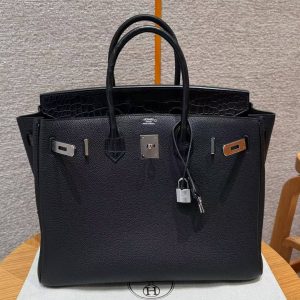 Hermes Birkin Touch 35 Bag Handmade In Togo Calfskin Leather And Matte America Crocodile Leather Silver Hardware 89 Noir - Image 4