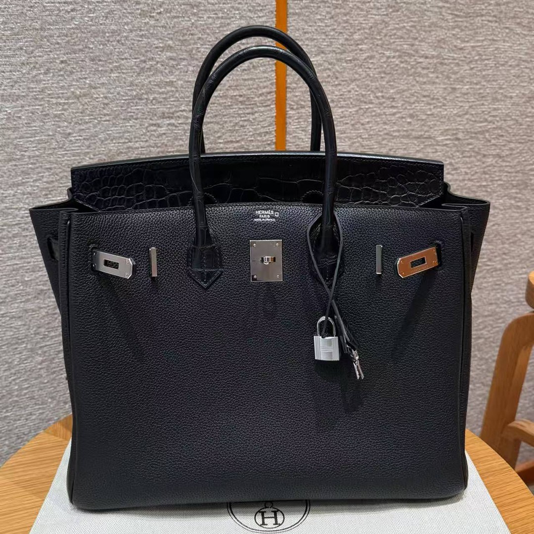 Hermes Birkin Touch 35 Bag Handmade In Togo Calfskin Leather And Matte America Crocodile Leather Silver Hardware 89 Noir - Image 4