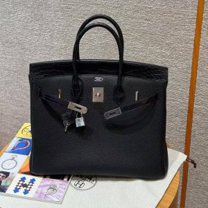 Hermes Birkin Touch 35 Bag Handmade In Togo Calfskin Leather And Matte America Crocodile Leather Silver Hardware 89 Noir - Image 3