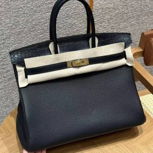 Hermes Birkin Touch 35 Bag Handmade In Togo Calfskin Leather And Matte Alligator Leather Gold Hardware Ck89 Noir
