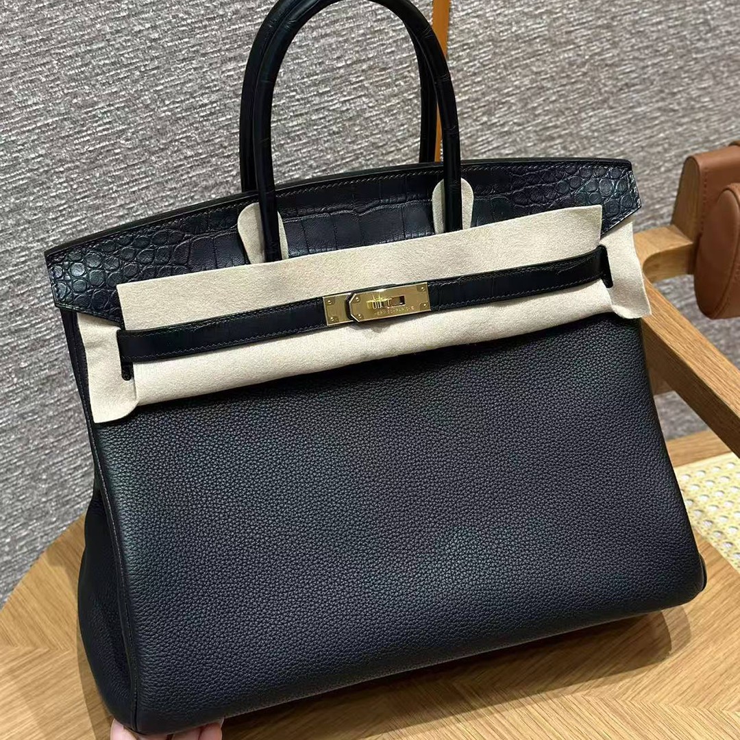 Hermes Birkin Touch 35 Bag Handmade In Togo Calfskin Leather And Matte Alligator Leather Gold Hardware Ck89 Noir