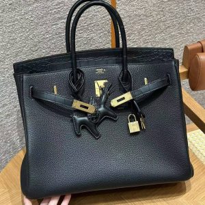 Hermes Birkin Touch 35 Bag Handmade In Togo Calfskin Leather And Matte Alligator Leather Gold Hardware Ck89 Noir - Image 15