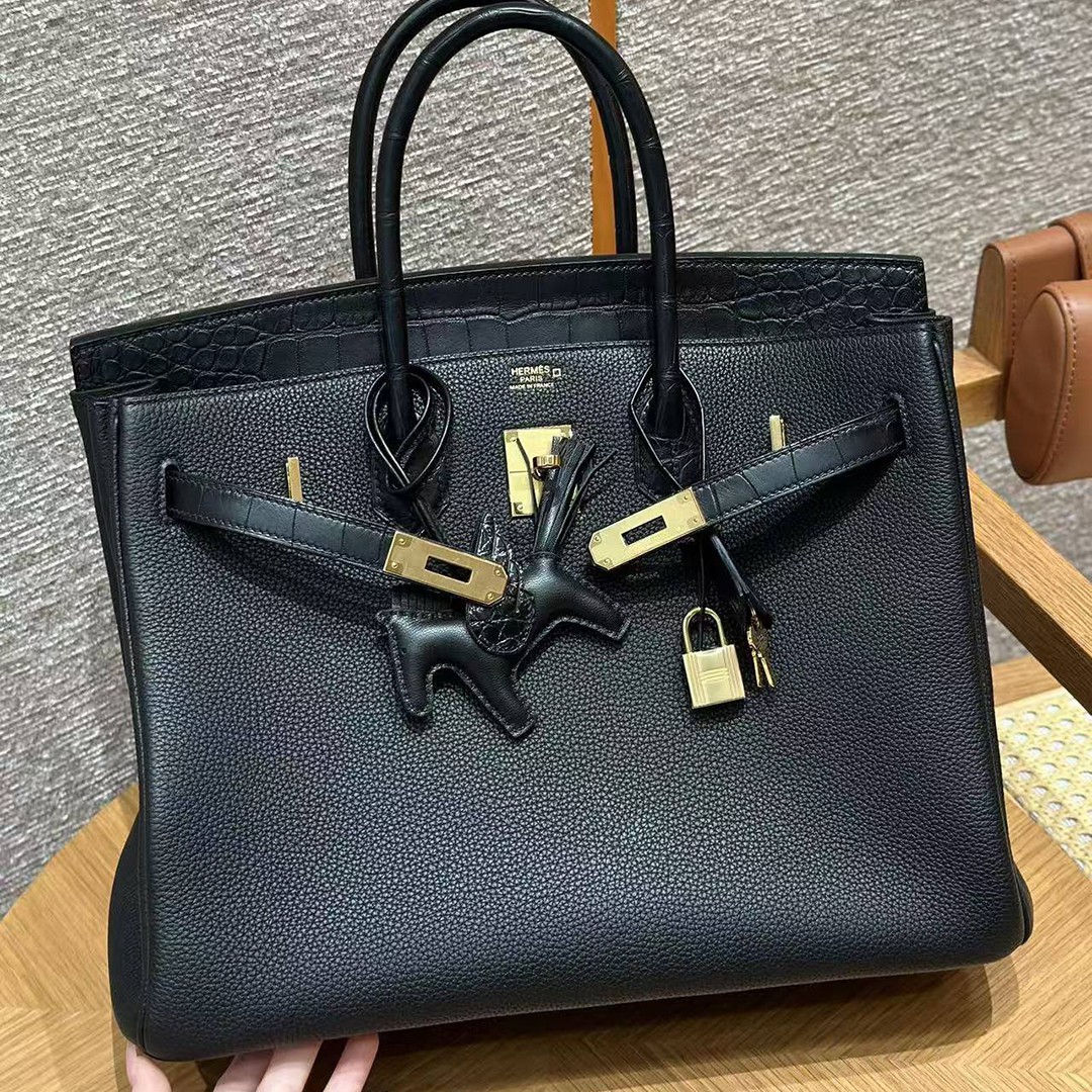 Hermes Birkin Touch 35 Bag Handmade In Togo Calfskin Leather And Matte Alligator Leather Gold Hardware Ck89 Noir - Image 15