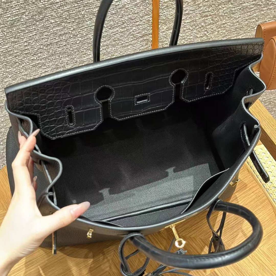 Hermes Birkin Touch 35 Bag Handmade In Togo Calfskin Leather And Matte Alligator Leather Gold Hardware Ck89 Noir - Image 12