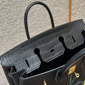 Hermes Birkin Touch 35 Bag Handmade In Togo Calfskin Leather And Matte Alligator Leather Gold Hardware Ck89 Noir - Image 11