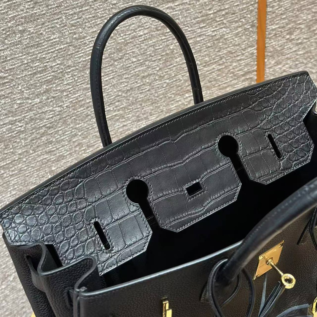 Hermes Birkin Touch 35 Bag Handmade In Togo Calfskin Leather And Matte Alligator Leather Gold Hardware Ck89 Noir - Image 11