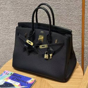 Hermes Birkin Touch 35 Bag Handmade In Togo Calfskin Leather And Matte Alligator Leather Gold Hardware Ck89 Noir - Image 10