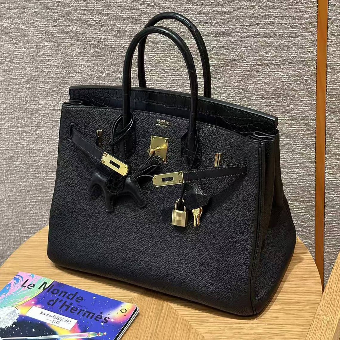 Hermes Birkin Touch 35 Bag Handmade In Togo Calfskin Leather And Matte Alligator Leather Gold Hardware Ck89 Noir - Image 10