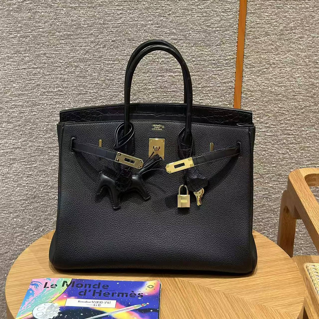 Hermes Birkin Touch 35 Bag Handmade In Togo Calfskin Leather And Matte Alligator Leather Gold Hardware Ck89 Noir - Image 9