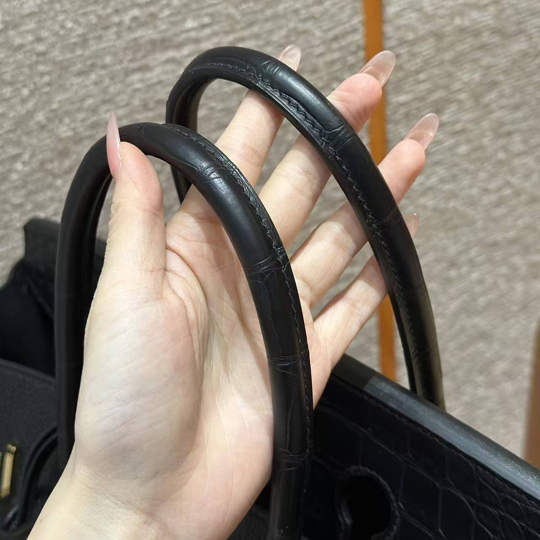 Hermes Birkin Touch 35 Bag Handmade In Togo Calfskin Leather And Matte Alligator Leather Gold Hardware Ck89 Noir - Image 3