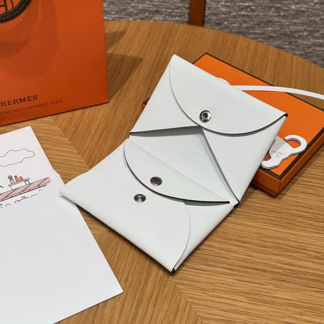 Hermes Calvi Duo Compact Card Holder Handmade In Swift And Chèvre Calfskin Leather Silver Hardware 0U New White - Image 12