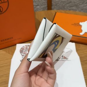 Hermes Calvi Duo Compact Card Holder Handmade In Swift And Chèvre Leather Silver Hardware 0U New White - Image 10