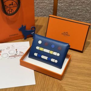 Hermes Calvi Duo Compact Card Holder Handmade In Swift And Chèvre Calfskin Leather Silver Hardware 71 Blue France - Image 9