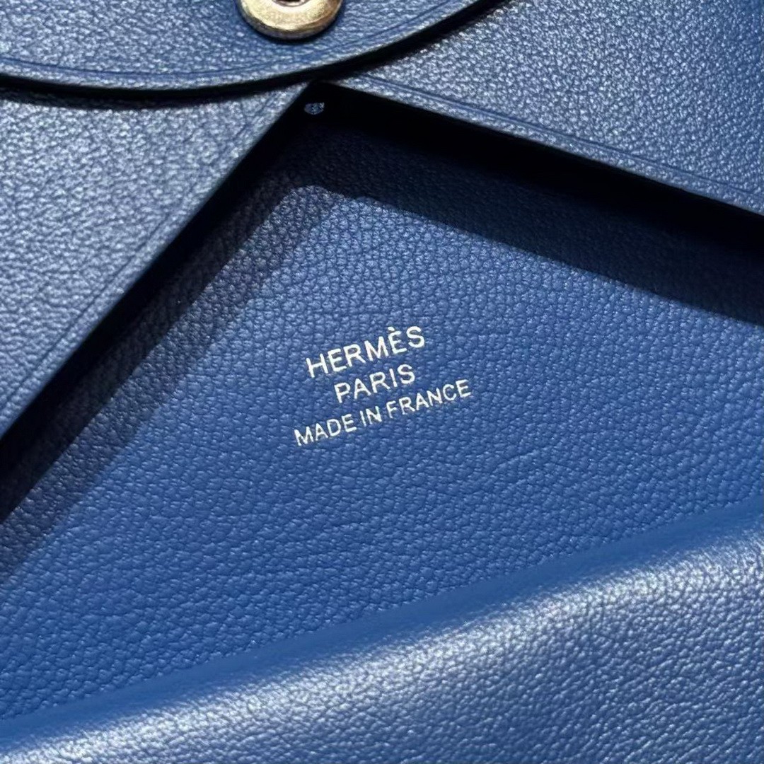 Hermes Calvi Duo Compact Card Holder Handmade In Swift And Chèvre Calfskin Leather Silver Hardware 71 Blue France - Image 11