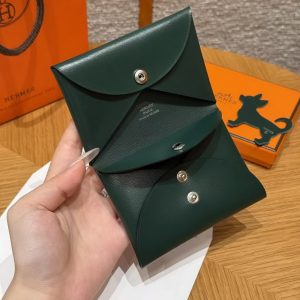 Hermes Calvi Duo Compact Card Holder Handmade In Box Calfskin Leather Silver Hardware 67 Vert Fonce - Image 6
